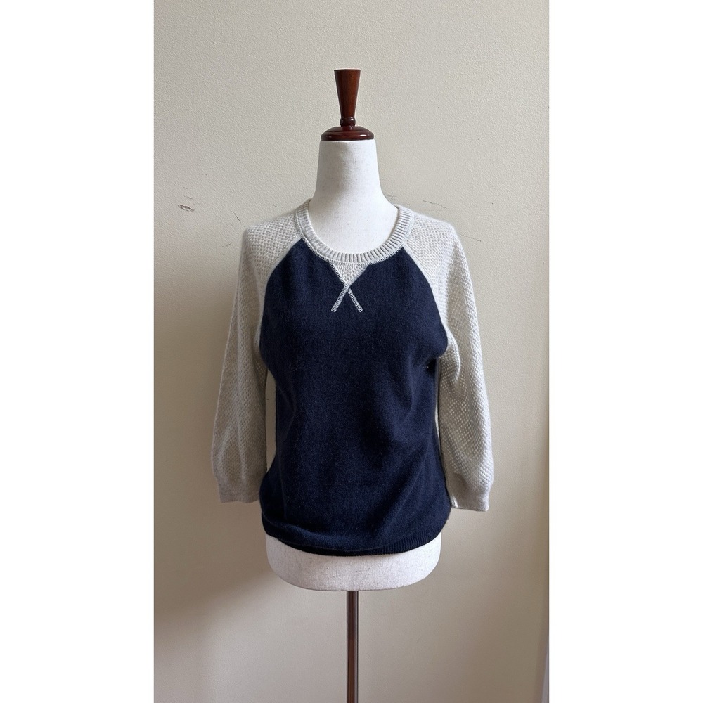Autumn Cashmere Women M Fits S Cashmere Navy Cream Raglan 3/4 Sleeve Sweater